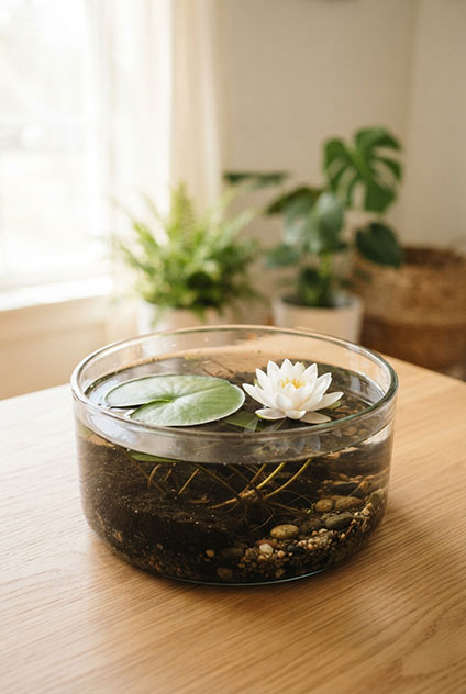 Dwarf water lily floating in a glass bowl water garden for beginners